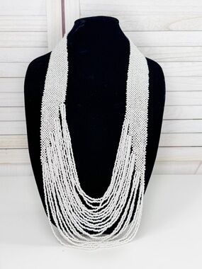 Beaded Potay Bold Waterfall Necklace White Statement Chunky Long Multi Strand